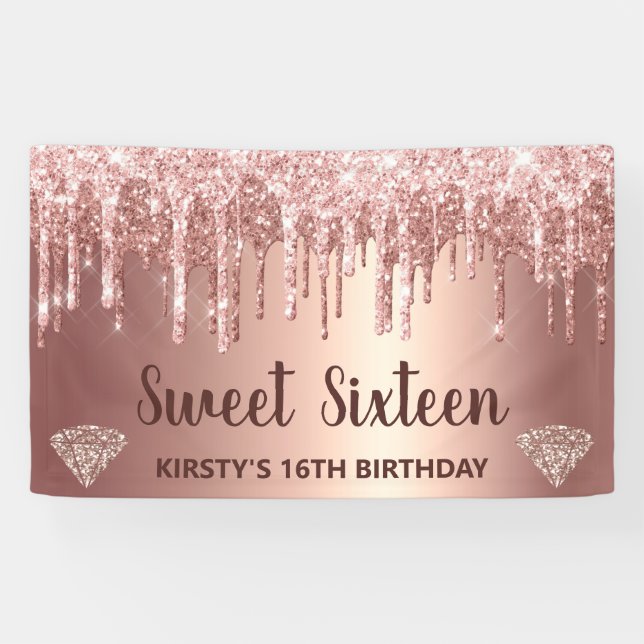 Rose Gold Dripping Glitter & Diamond Sweet 16 Banner (Horizontal)