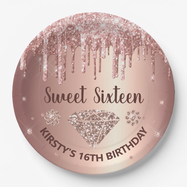 Rose Gold Dripping Glitter & Diamond Sweet 16 Paper Plate (Front)