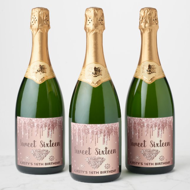 Rose Gold Dripping Glitter & Diamond Sweet 16 Sparkling Wine Label (Bottles)