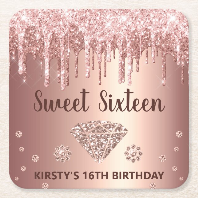 Rose Gold Dripping Glitter & Diamond Sweet 16 Square Paper Coaster (Front)