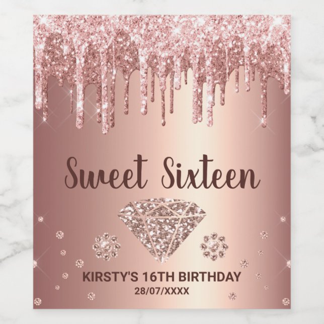 Rose Gold Dripping Glitter & Diamond Sweet 16 Wine Label (Single Label)