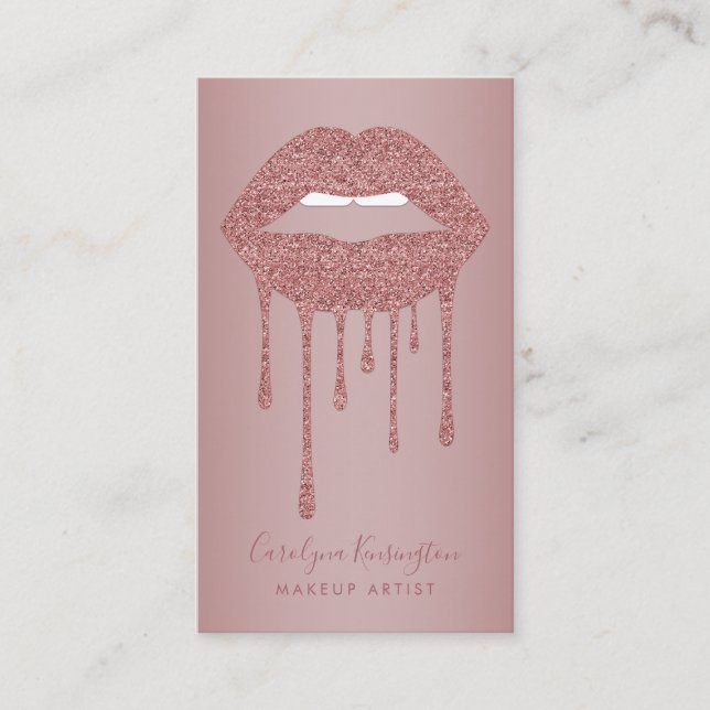 Rose Gold Dripping Glitter Lips Makeup Artist Business Card (Front)