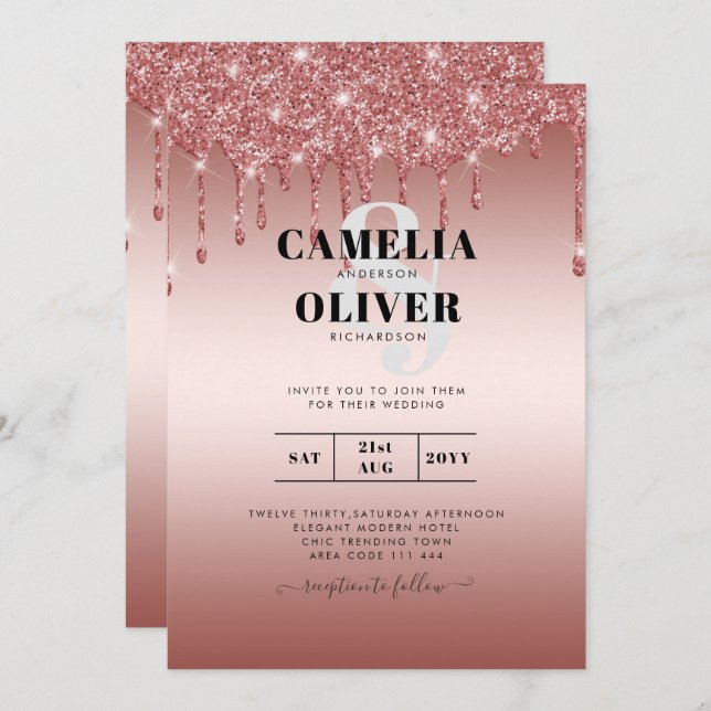 Rose Gold Dripping Glitter Modern Wedding Invite (Front/Back)