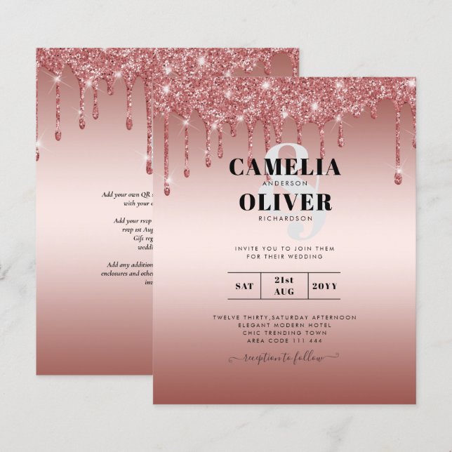 Rose Gold Dripping Glitter Modern Wedding Invite (Front/Back)