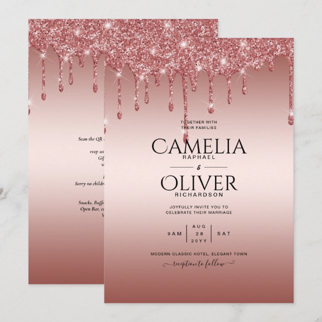 Rose Gold Dripping Glitter Modern Wedding Invite (Front/Back)
