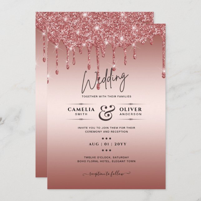 Rose Gold Dripping Glitter Modern Wedding Invite (Front/Back)