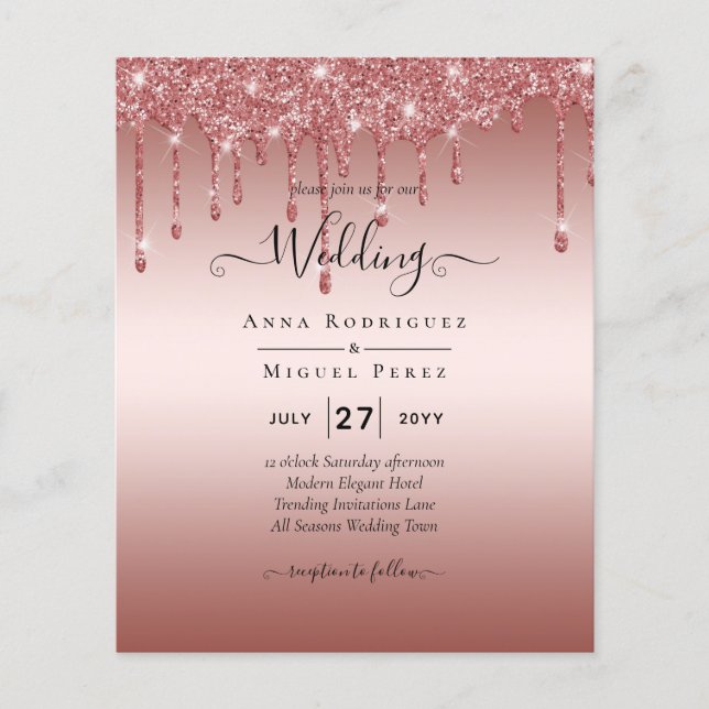 Rose Gold Dripping Glitter Modern Wedding Invite Flyer (Front)