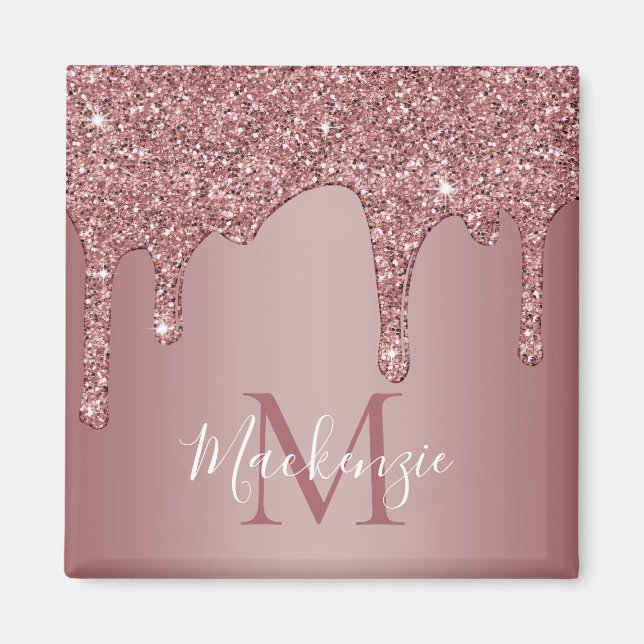 Rose Gold Dripping Glitter Monogram Magnet (Front)