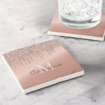 Rose Gold Dripping Glitter Monogram Name Metallic Stone Coaster<br><div class="desc">Custom monogram faux glitter simulated metallic rose gold gradient decorative square marble stone coaster. easily personalise it by adding your name and last initial for instant glam.</div>