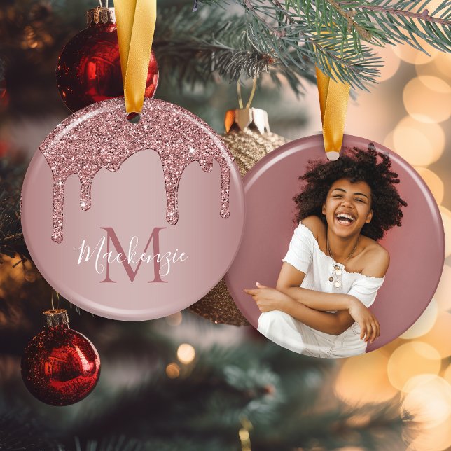 Rose Gold Dripping Glitter Monogram Photo Ceramic Tree Decoration (Rose Gold Dripping Glitter Monogram Photo Ceramic Ornament)