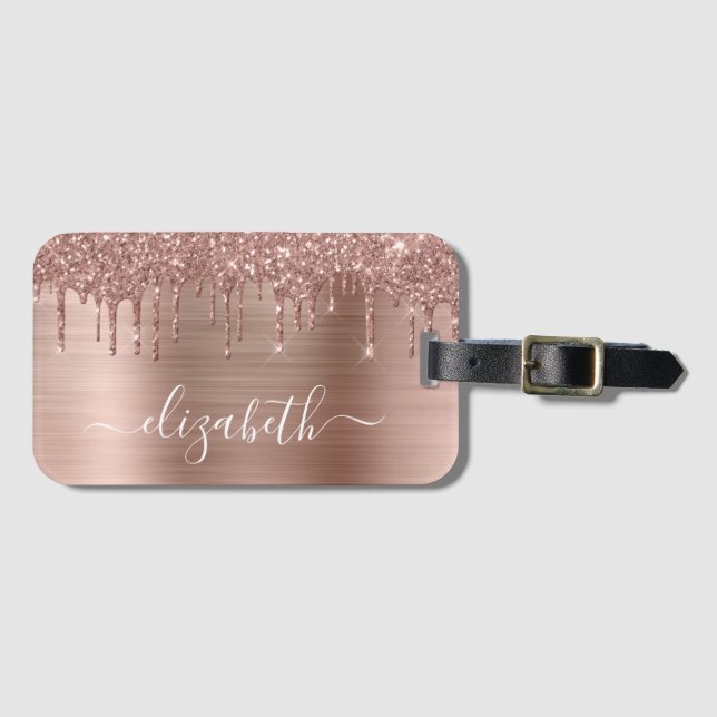 Rose Gold Dripping Glitter Personalised Luggage Tag (Front Horizontal)