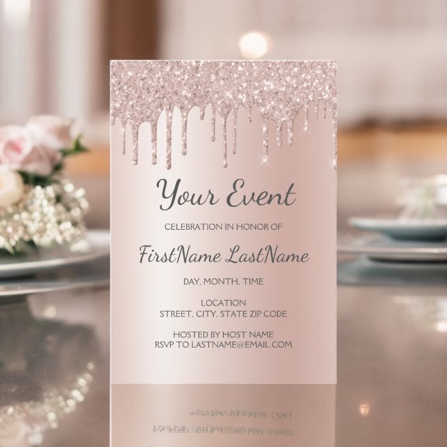 Rose Gold Dripping Glitter Sweet 16 Bridal Shower Invitation (Creator Uploaded)