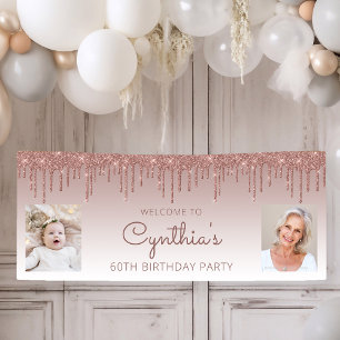 Rose Gold Dripping Glitter Two Photo 60th Birthday Banner