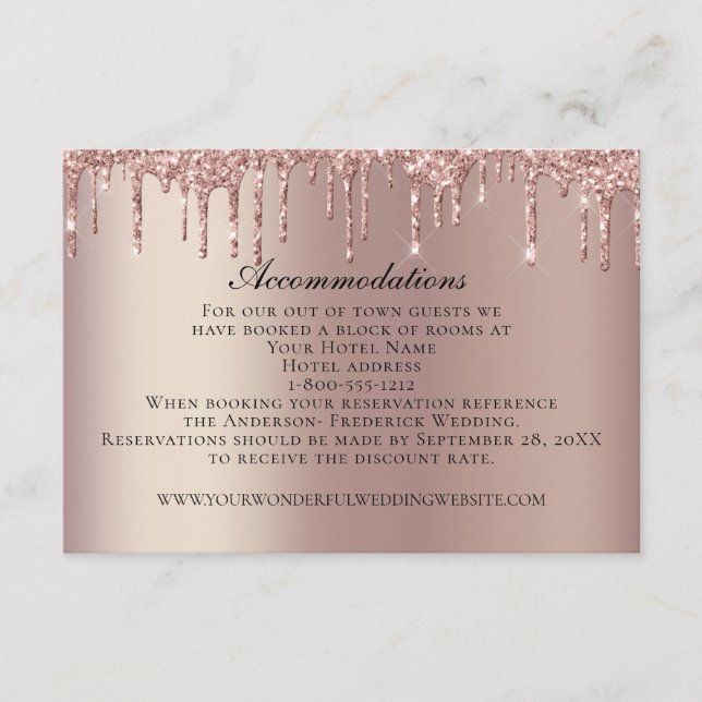 Rose Gold Dripping Glitter Wedding Accommodations Enclosure Card (Front)