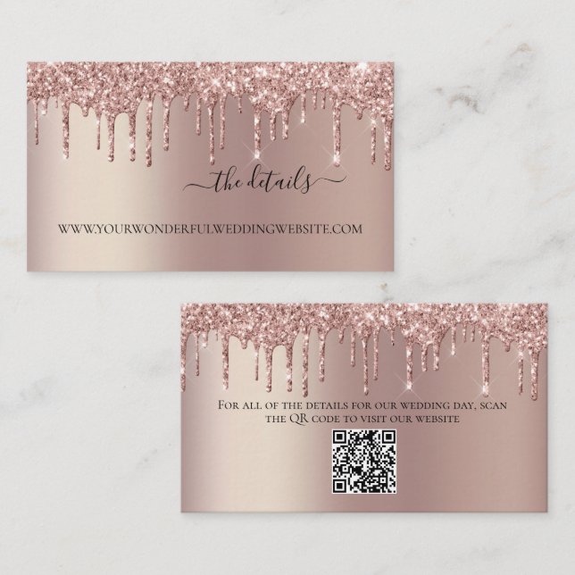 Rose Gold Dripping Glitter Wedding Details QR code Enclosure Card (Front/Back)