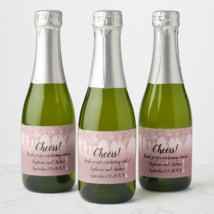 Rose Gold Dripping Glitter Wedding Favour Mini  Sparkling Wine Label