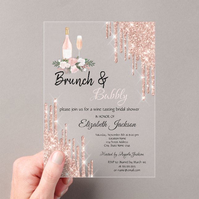Rose Gold  Drips Brunch & Bubbly Bridal Shower Acrylic Invitations (Insitu (Handheld))