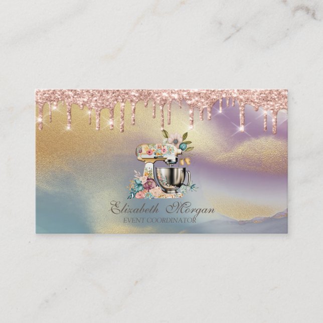 Rose Gold Drips Cake Mixer Flowers Holographic  Business Card (Front)