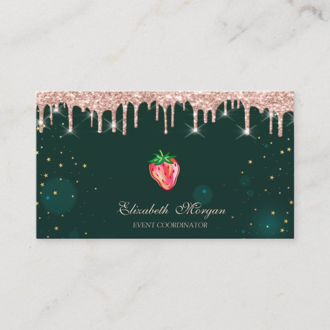 Rose Gold Drips Chic Strawberry Green  Business Card (Front)