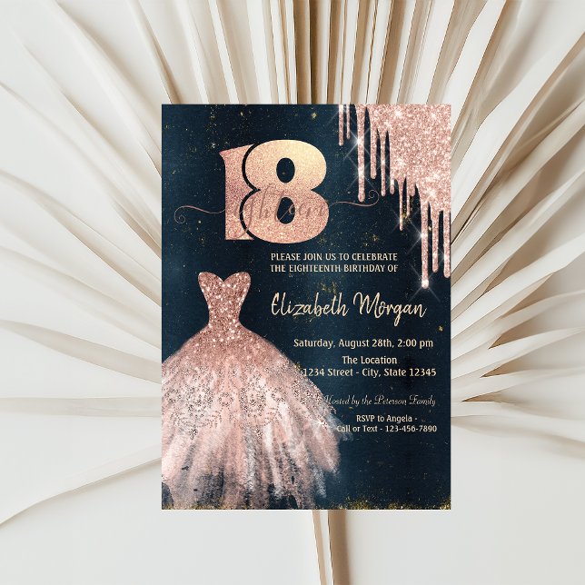 Rose Gold Drips Dress,Dark Blue 18th Birthday  Invitation (Creator Uploaded)