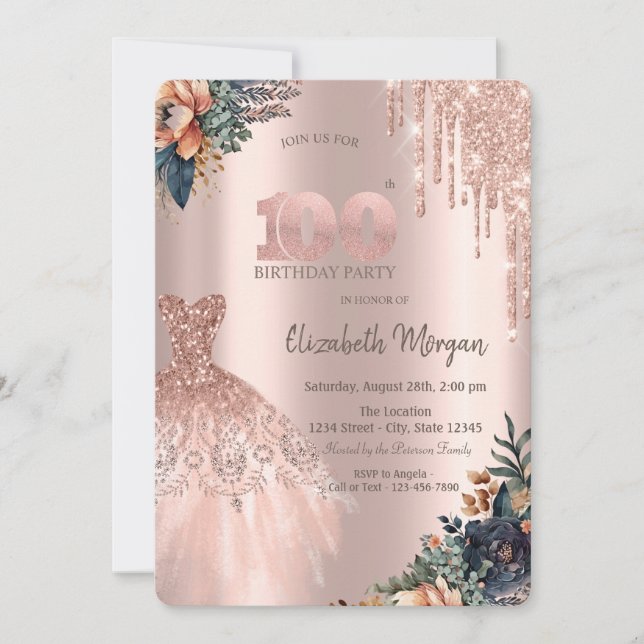Rose Gold Drips Dress Moody Flowers 100th Birthday Invitation (Front)