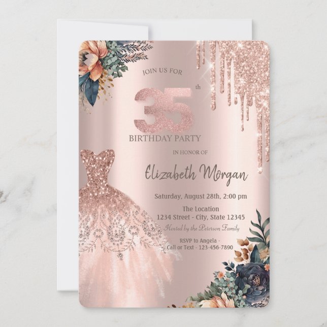 Rose Gold Drips Dress Moody Flowers 35th Birthday Invitation (Front)