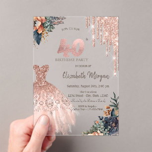 Rose Gold Drips Dress Moody Flowers 40th Birthday Acrylic Invitations