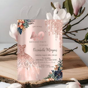 Rose Gold Drips Dress Moody Flowers 40th Birthday Invitation