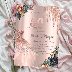 Rose Gold Drips Dress Moody Flowers 50th Birthday Invitation