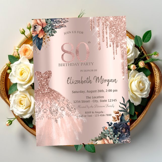 Rose Gold Drips Dress Moody Flowers 80th Birthday Invitation (Creator Uploaded)