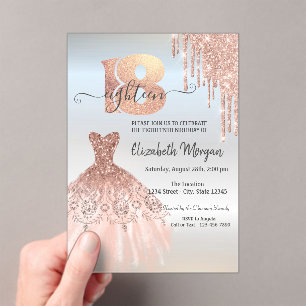 Rose Gold  Drips Dress Silver 18th Birthday  Acrylic Invitations