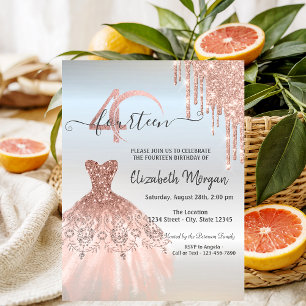 Rose Gold  Drips Dress Silver 40th Birthday   Invitation