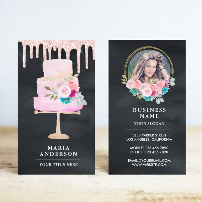 Rose Gold Drips Floral Cake Pastry Chef Bakery Business Card (Creator Uploaded)