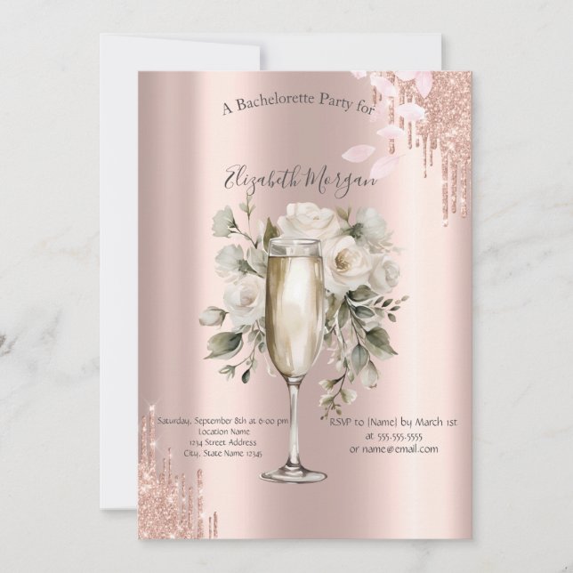 Rose Gold Drips Floral Wine Glass Bachelorette  Invitation (Front)
