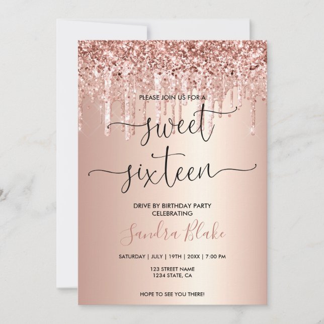 Rose Gold  Drips Girly Modern Drive by Sweet 16 Invitation (Front)