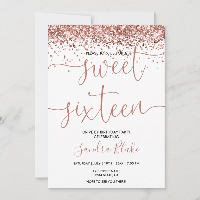 Rose Gold  Drips Girly Modern Drive by Sweet 16 Invitation (Front)