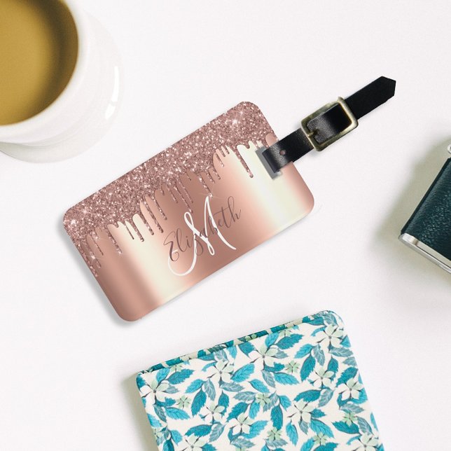 Rose Gold Drips Glitter Metal Monogram Luggage Tag (Creator Uploaded)