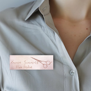 Rose Gold Drips Glitter Scissors Hair Stylist Name Tag