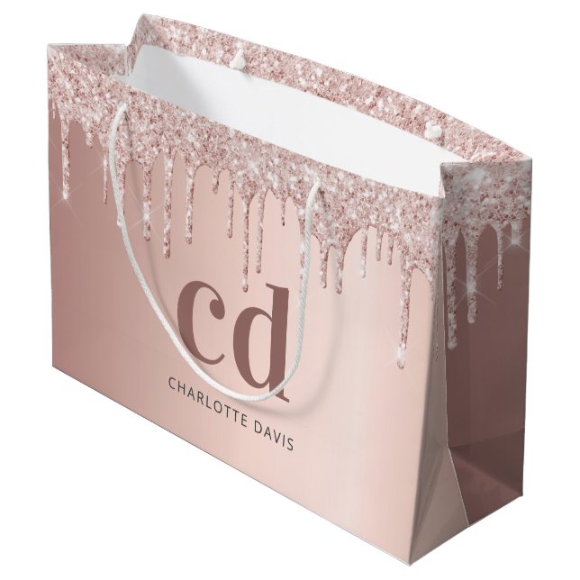 Rose gold drips pink monogram birthday large gift bag (Back Angled)