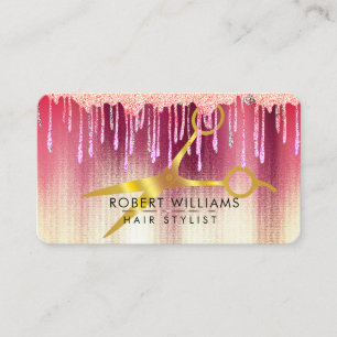 Rose Gold Drips Scissors Hair Makeup Artist Business Card