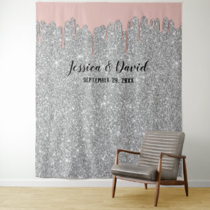 Rose Gold Drips Silver Glitter Wedding Backdrops Tapestry