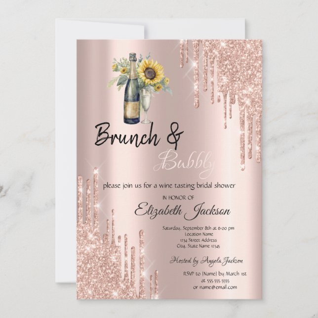 Rose Gold  Drips Sunflowers Bridal Shower Invitation (Front)