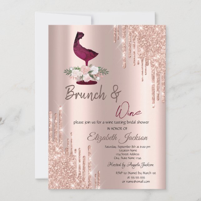 Rose Gold  Drips Wine Glass Bridal Shower Invitation (Front)