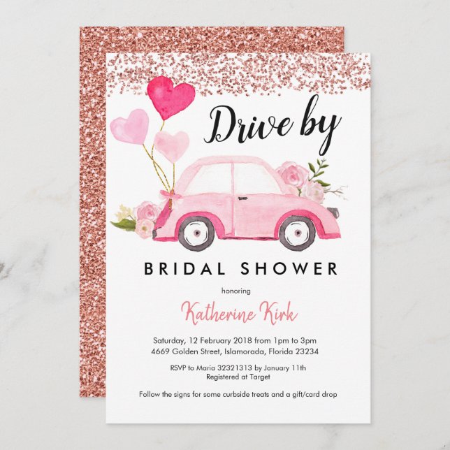 Rose Gold Drive by Bridal Shower Invitation (Front/Back)