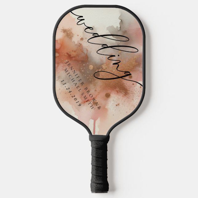 Rose Gold Dust Watercolor Wedding Game Pickleball Paddle (Front)