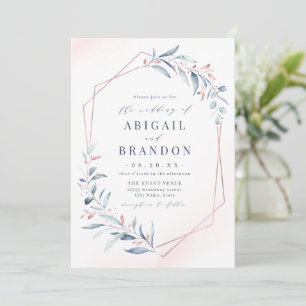 Rose Gold Dusty Blue Greenery Geometric Wedding Invitation