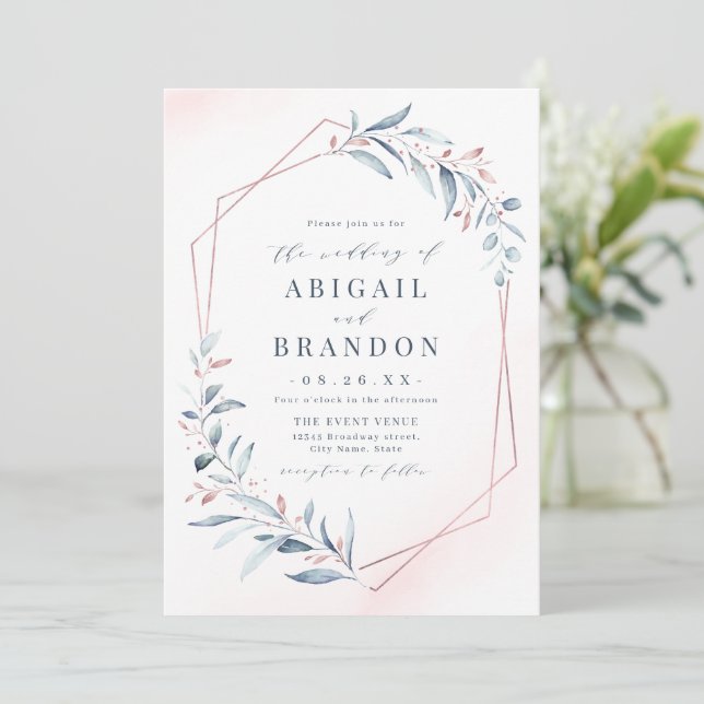 Rose Gold Dusty Blue Greenery Geometric Wedding Invitation (Standing Front)