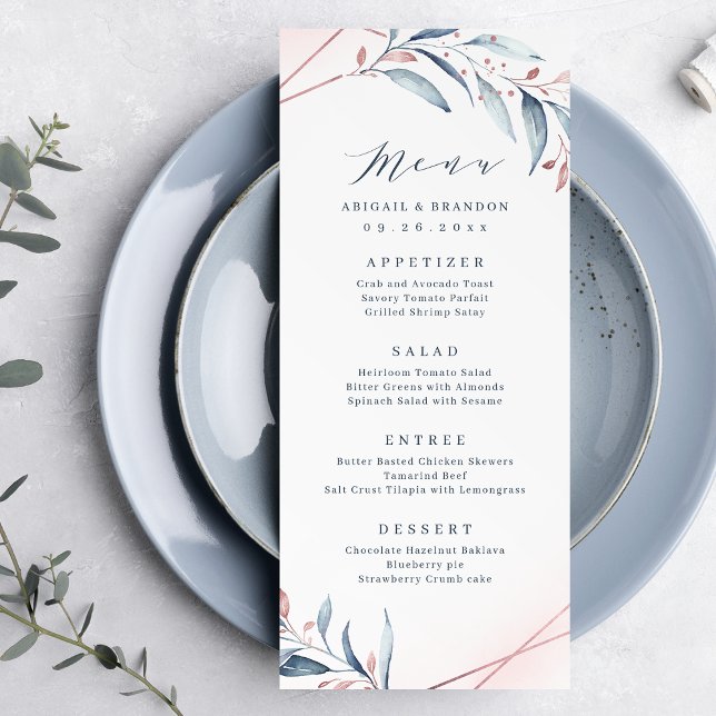 Rose Gold Dusty Blue Greenery Geometric Wedding Menu (Rose Gold Dusty Blue Greenery Geometric Wedding Menu)