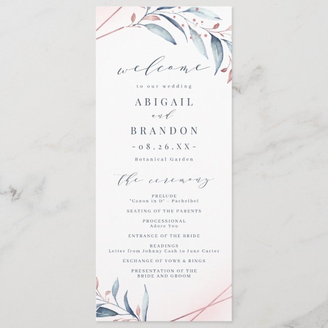 Rose Gold Dusty Blue Greenery Geometric Wedding Programme (Front)