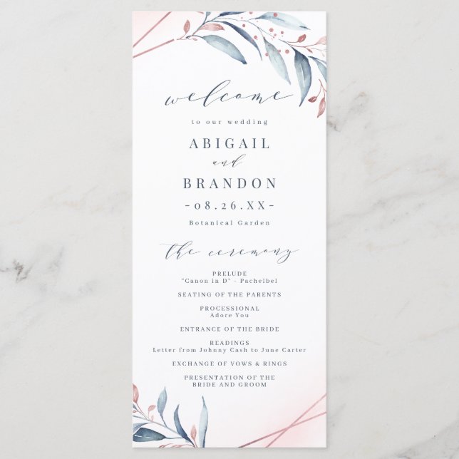 Rose Gold Dusty Blue Greenery Geometric Wedding Programme (Front)